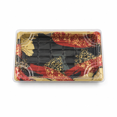[Hawaii Foodware] PET 8.5 x 5 in, Display Trays with Clear Lids, Red/Gold, 50 Sets