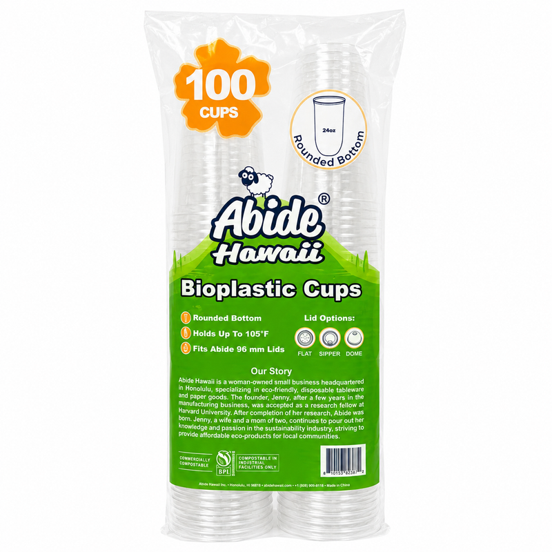 (PLA) Bioplastic Cup 12oz, 16oz and 24oz U bottom (10PK/100CT), BPI Certified, hold temperatures up to 105°F (40°C)