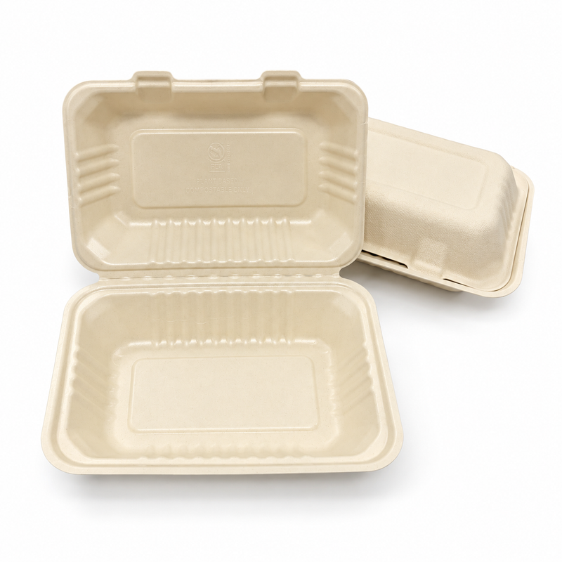 [Abide Hawaii] 9 × 6 in 1 Compartment Fiber Clamshell Containers (Natural Color), PLA-Lined Base, 50 Count