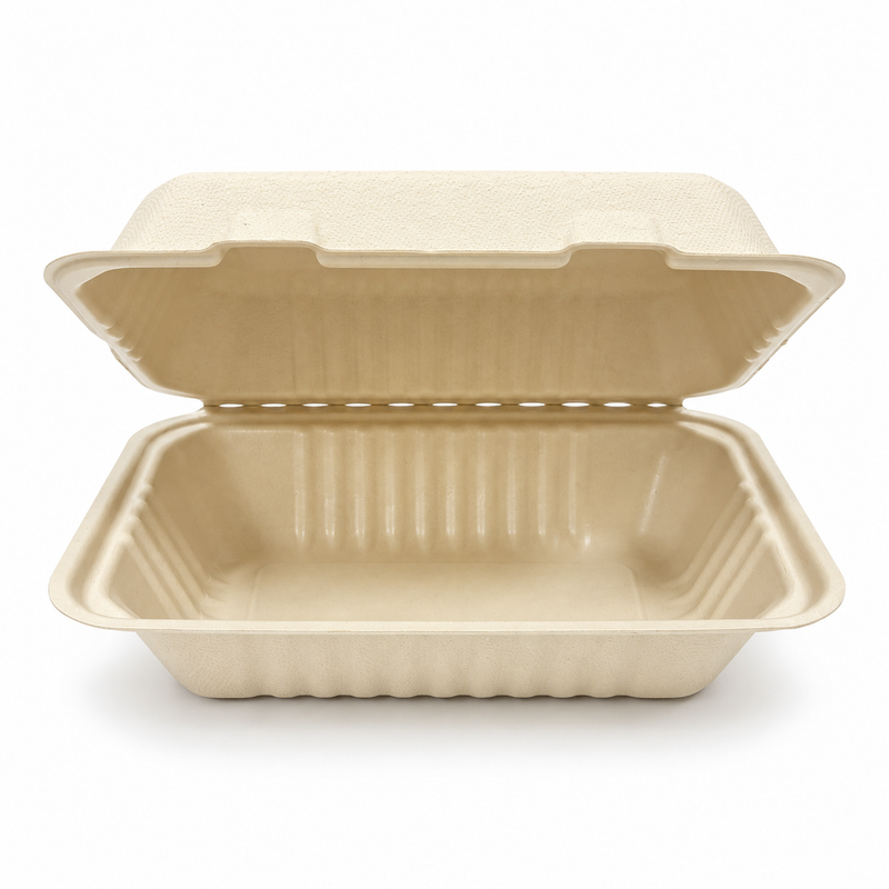 [Abide Hawaii] 9 × 6 in 1 Compartment Fiber Clamshell Containers (Natural Color), PLA-Lined Base, 50 Count