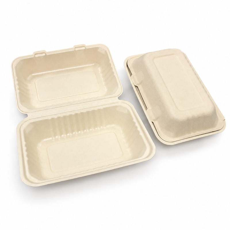 [Abide Hawaii] 9 × 6 in 1 Compartment Fiber Clamshell Containers (Natural Color), PLA-Lined Base, 50 Count