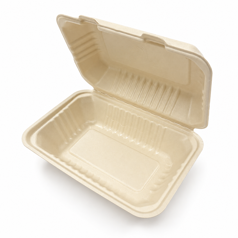 [Abide Hawaii] 9 × 6 in 1 Compartment Fiber Clamshell Containers (Natural Color), PLA-Lined Base, 50 Count