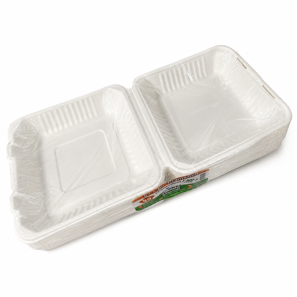 Plant Fiber (PLA) 1-Compartment (4 sizes) Clamshell/Hinged Container (White/Natural color), Heavy Duty, Compostable