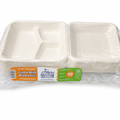 Plant Fiber (PLA)(Bioplastic) 3-Compartment Clamshell/Hinged Container (White/Natural)