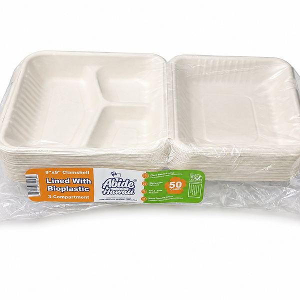 Plant Fiber (PLA)(Bioplastic) 3-Compartment Clamshell/Hinged Container (White/Natural)