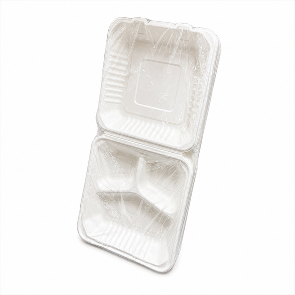 Plant Fiber (PLA)(Bioplastic) 3-Compartment Clamshell/Hinged Container (White/Natural)