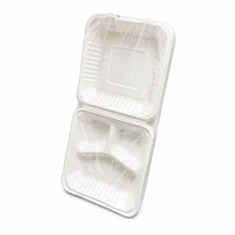 Plant Fiber (PLA)(Bioplastic) 3-Compartment Clamshell/Hinged Container (White/Natural)