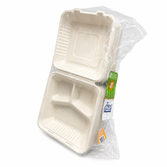 Plant Fiber (PLA)(Bioplastic) 3-Compartment Clamshell/Hinged Container (White/Natural)