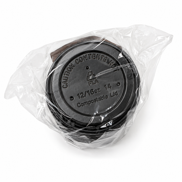 (PLA) Bioplastic Lid, Black Color, For 12-16oz Coffee Lid (20PK/25CT), Compostable