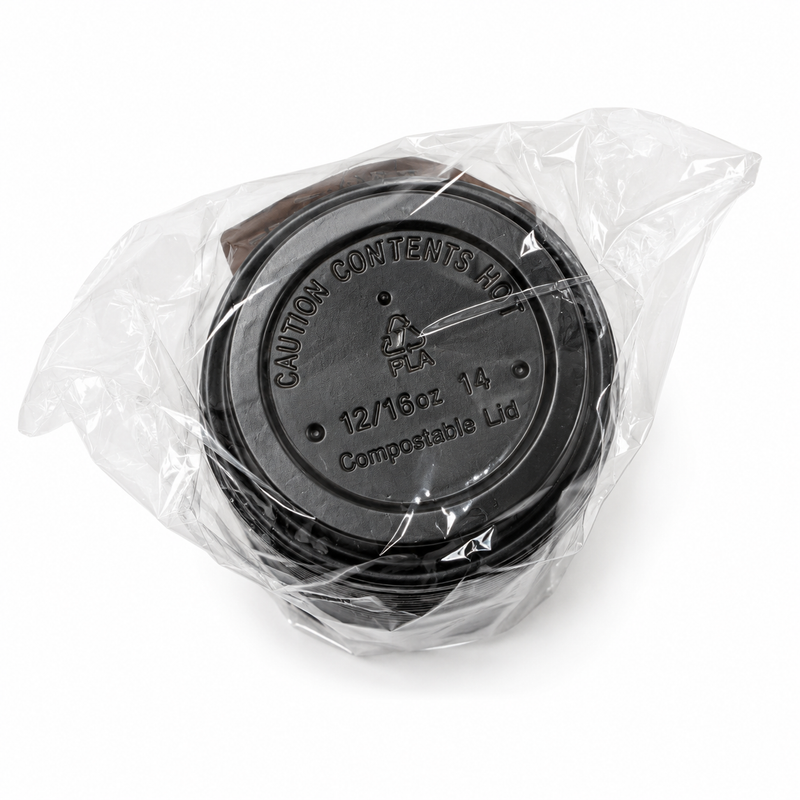 (PLA) Bioplastic Lid, Black Color, For 12-16oz Coffee Lid (20PK/25CT), Compostable