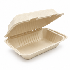 [Abide Hawaii] 8 × 8 in 1 Compartment Fiber Clamshell Containers (Natural Color), PLA-Lined Base, 50 Count