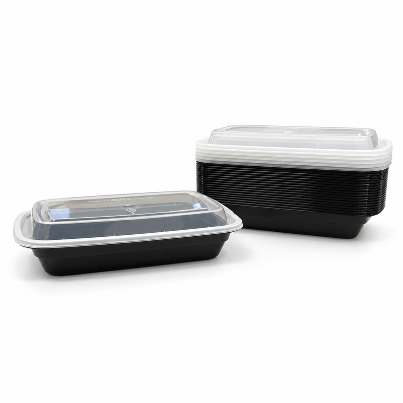 [Hawaii Foodware] 16 oz Microwavable Rectangular Food Containers with Lids, Black, 50 Sets