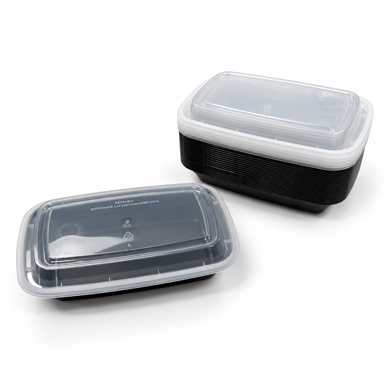 [Hawaii Foodware] 16 oz Microwavable Rectangular Food Containers with Lids, Black, 50 Sets