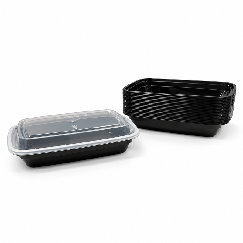 [Hawaii Foodware] 16 oz Microwavable Rectangular Food Containers with Lids, Black, 50 Sets