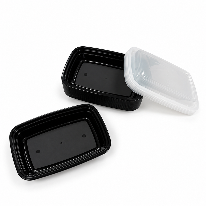 [Hawaii Foodware] 16 oz Microwavable Rectangular Food Containers with Lids, Black, 50 Sets