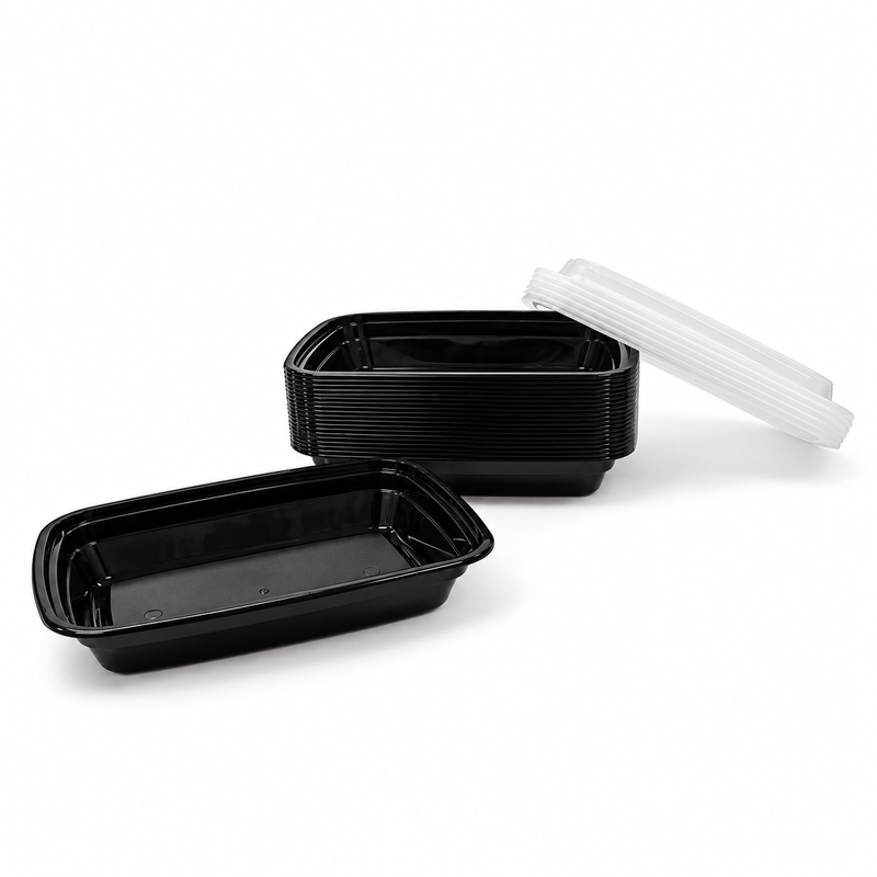 [Hawaii Foodware] 16 oz Microwavable Rectangular Food Containers with Lids, Black, 50 Sets