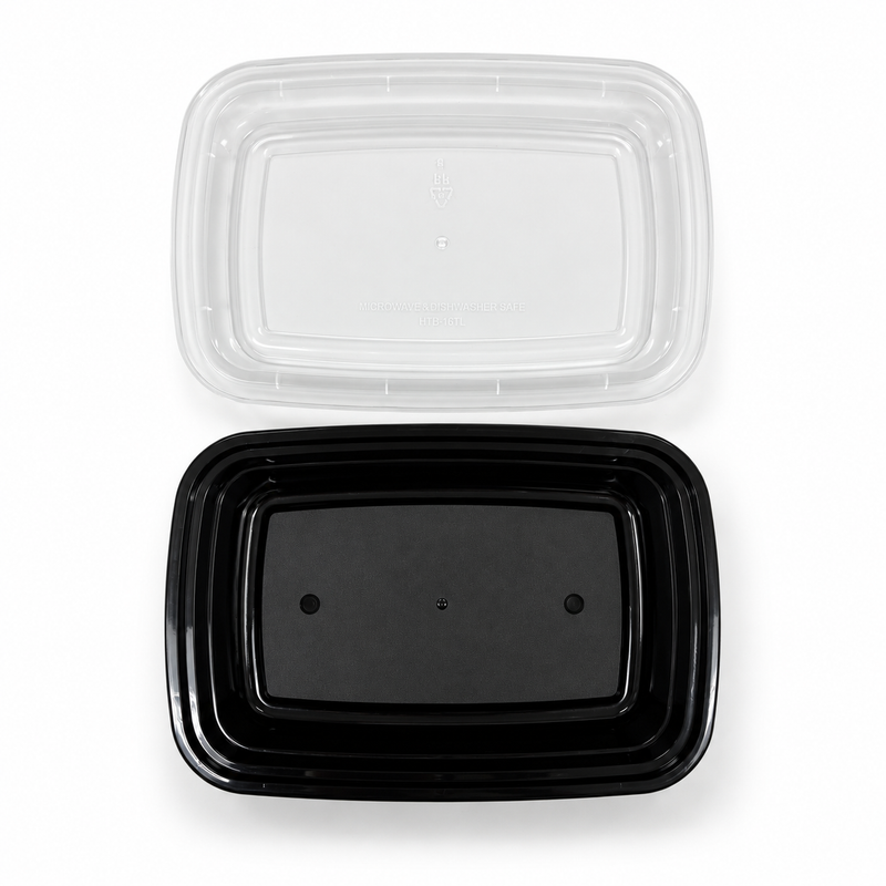 [Hawaii Foodware] 16 oz Microwavable Rectangular Food Containers with Lids, Black, 50 Sets