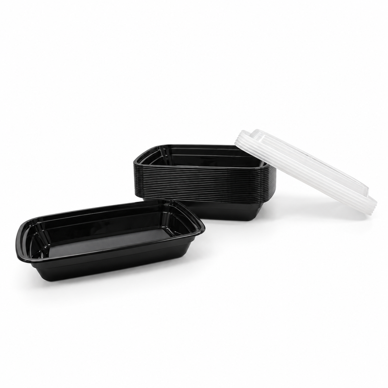[Hawaii Foodware] 16 oz Microwavable Rectangular Food Containers with Lids, Black, 50 Sets