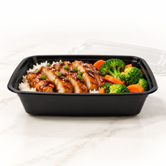 [Hawaii Foodware] 24 oz Microwavable Rectangular Food Containers with Lids, Black,  50 Sets