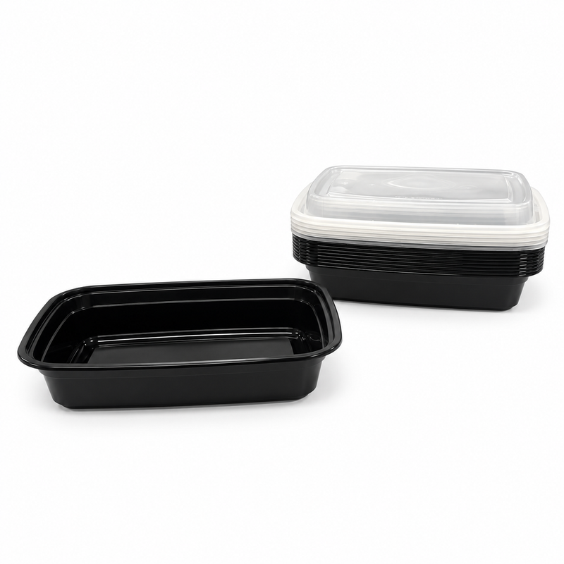 [Hawaii Foodware] 28 oz Microwavable Rectangular Food Containers with Lids, Black, 50 Sets