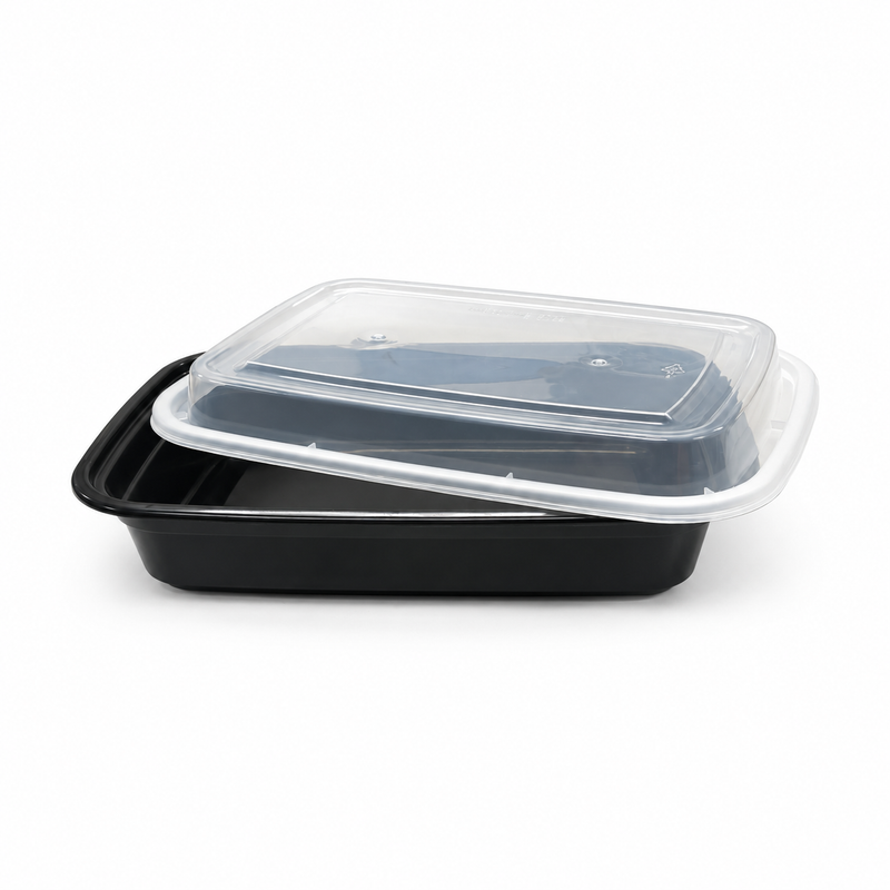 [Hawaii Foodware] 28 oz Microwavable Rectangular Food Containers with Lids, Black, 50 Sets