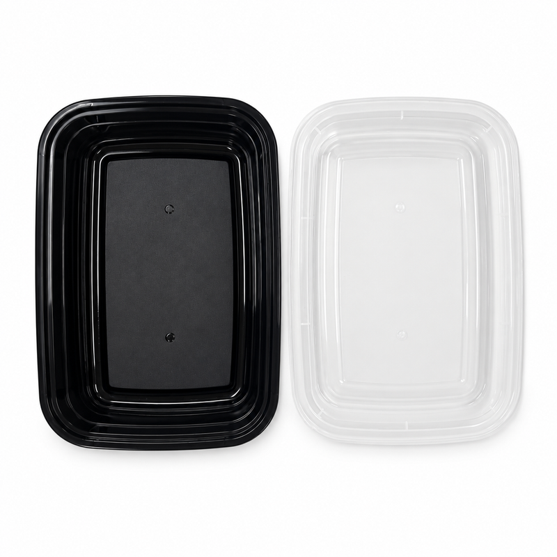 [Hawaii Foodware] 28 oz Microwavable Rectangular Food Containers with Lids, Black, 50 Sets