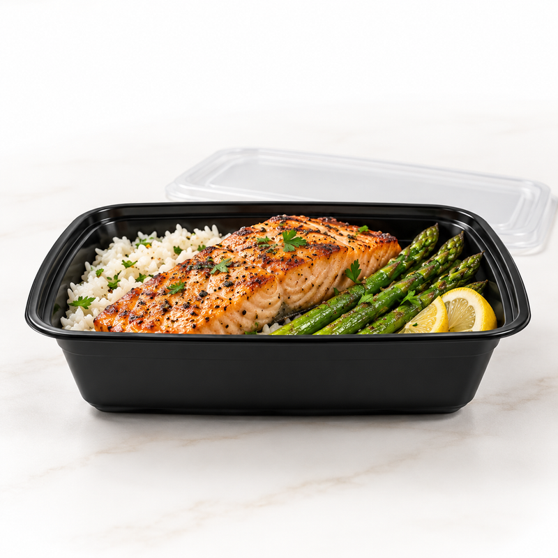 [Hawaii Foodware] 28 oz Microwavable Rectangular Food Containers with Lids, Black, 50 Sets