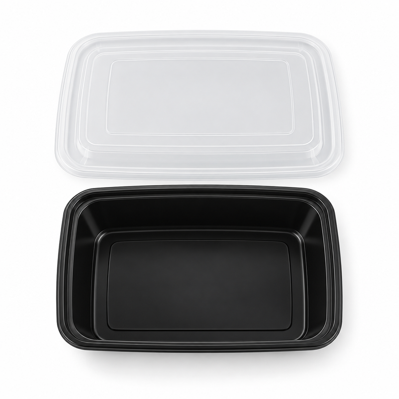 [Hawaii Foodware] 32 oz Microwavable Rectangular Food Containers with Lids, Black, 50 Sets