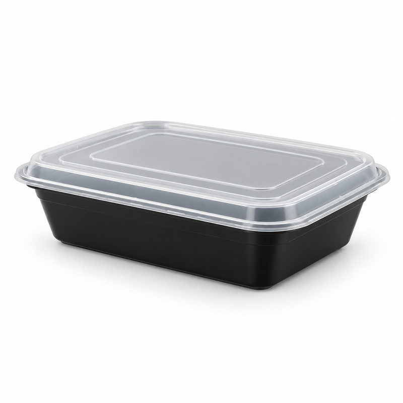 [Hawaii Foodware] 32 oz Microwavable Rectangular Food Containers with Lids, Black, 50 Sets