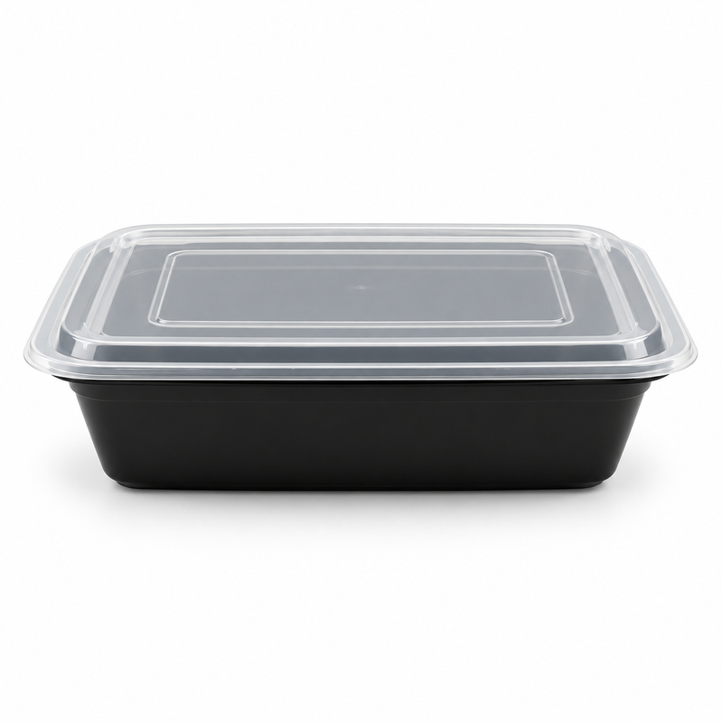 [Hawaii Foodware] 32 oz Microwavable Rectangular Food Containers with Lids, Black, 50 Sets