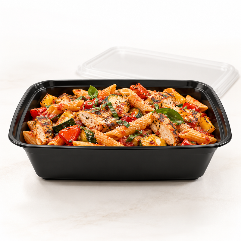 [Hawaii Foodware] 32 oz Microwavable Rectangular Food Containers with Lids, Black, 50 Sets
