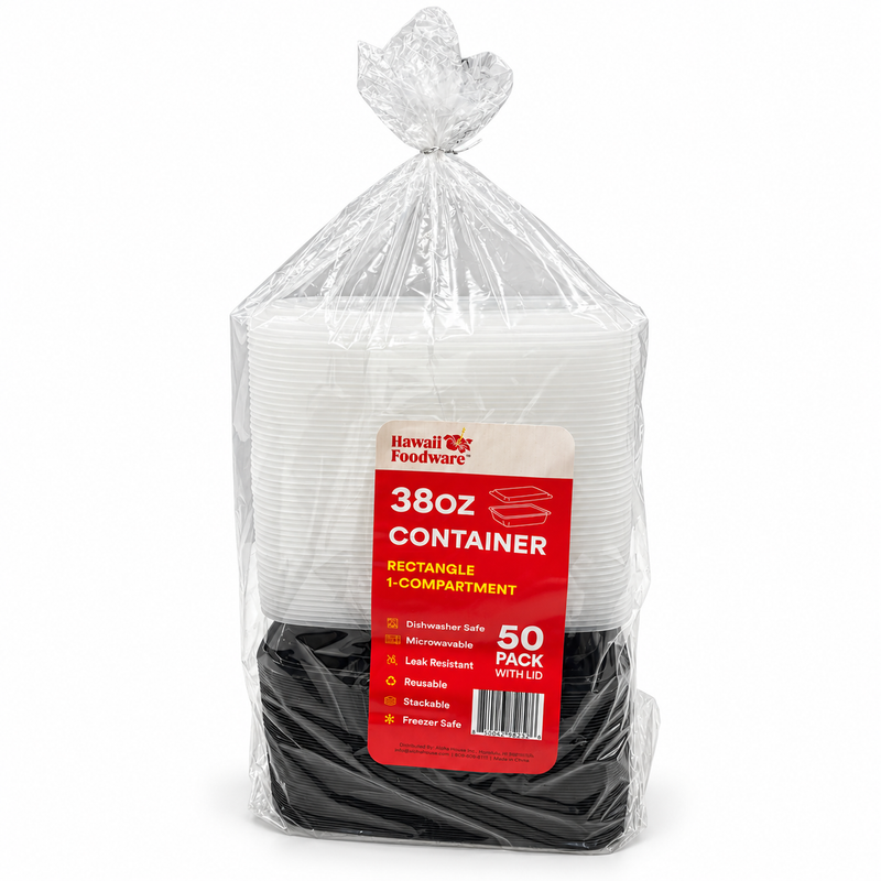 [Hawaii Foodware] 38 oz Microwavable Rectangular Food Containers with Lids, Black, 50 Sets