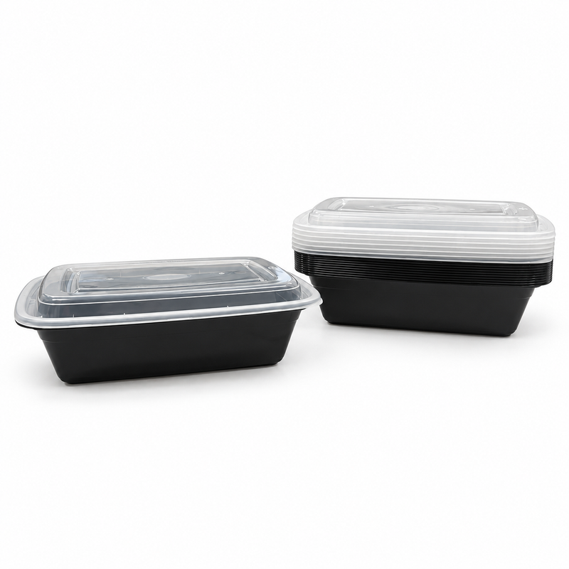 [Hawaii Foodware] 38 oz Microwavable Rectangular Food Containers with Lids, Black, 50 Sets