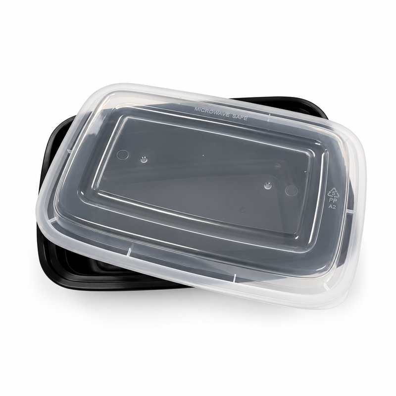 [Hawaii Foodware] 38 oz Microwavable Rectangular Food Containers with Lids, Black, 50 Sets