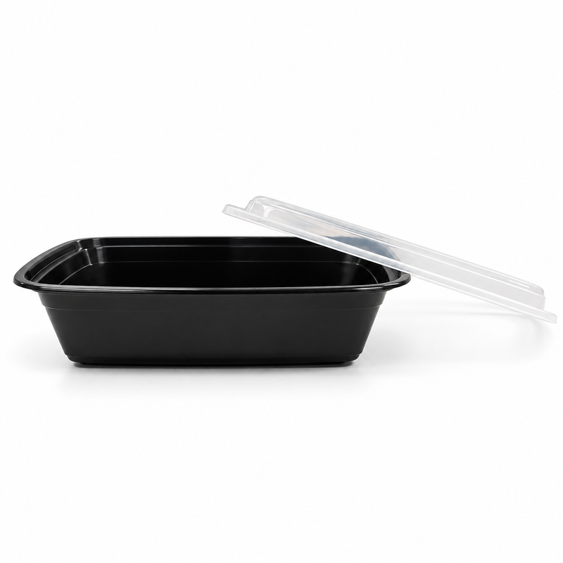[Hawaii Foodware] 38 oz Microwavable Rectangular Food Containers with Lids, Black, 50 Sets