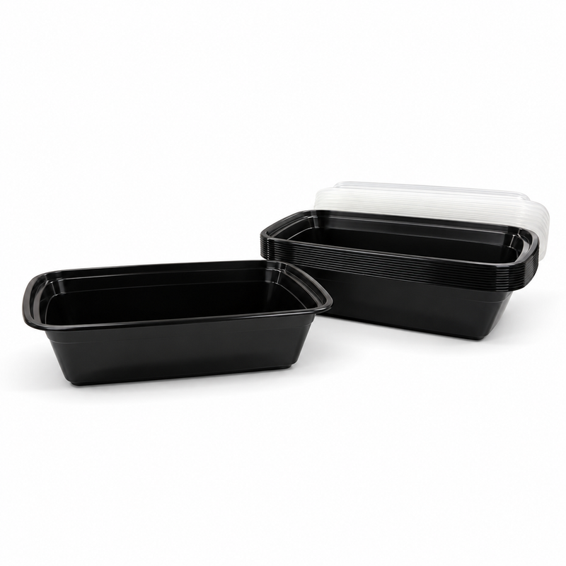 [Hawaii Foodware] 38 oz Microwavable Rectangular Food Containers with Lids, Black, 50 Sets