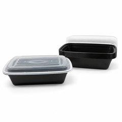 [Hawaii Foodware] 38 oz Microwavable Rectangular Food Containers with Lids, Black, 50 Sets