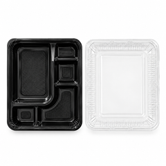 [Hawaii Foodware] PS 9.3 x 7.3 in, 5-Compartment Bento Trays with Clear Lids, Black, 50 Sets