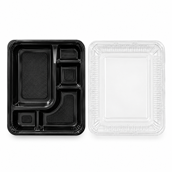 [Hawaii Foodware] PS 9.3 x 7.3 in, 5-Compartment Bento Trays with Clear Lids, Black, 50 Sets