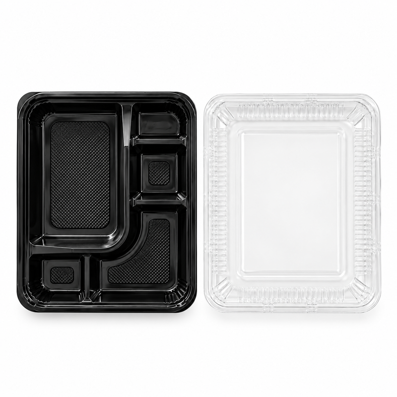 [Hawaii Foodware] PS 9.3 x 7.3 in, 5-Compartment Bento Trays with Clear Lids, Black, 50 Sets