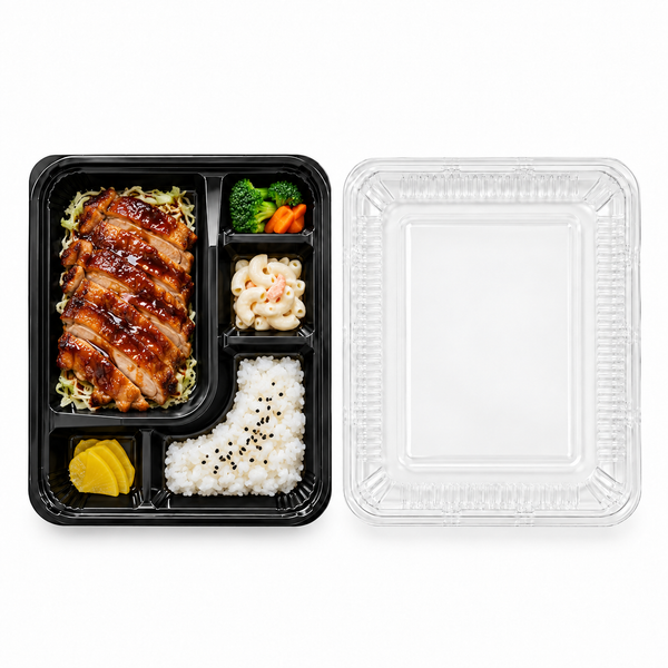 [Hawaii Foodware] PS 9.3 x 7.3 in, 5-Compartment Bento Trays with Clear Lids, Black, 50 Sets
