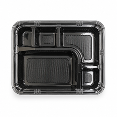 [Hawaii Foodware] PS 9.3 x 7.3 in, 5-Compartment Bento Trays with Clear Lids, Black, 50 Sets