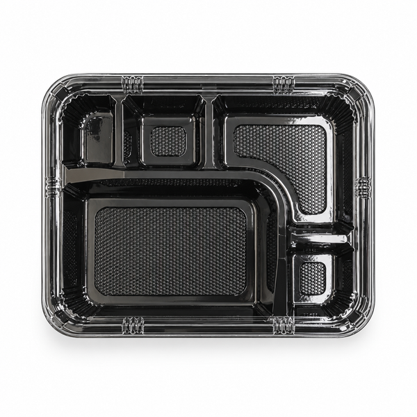 [Hawaii Foodware] PS 9.3 x 7.3 in, 5-Compartment Bento Trays with Clear Lids, Black, 50 Sets