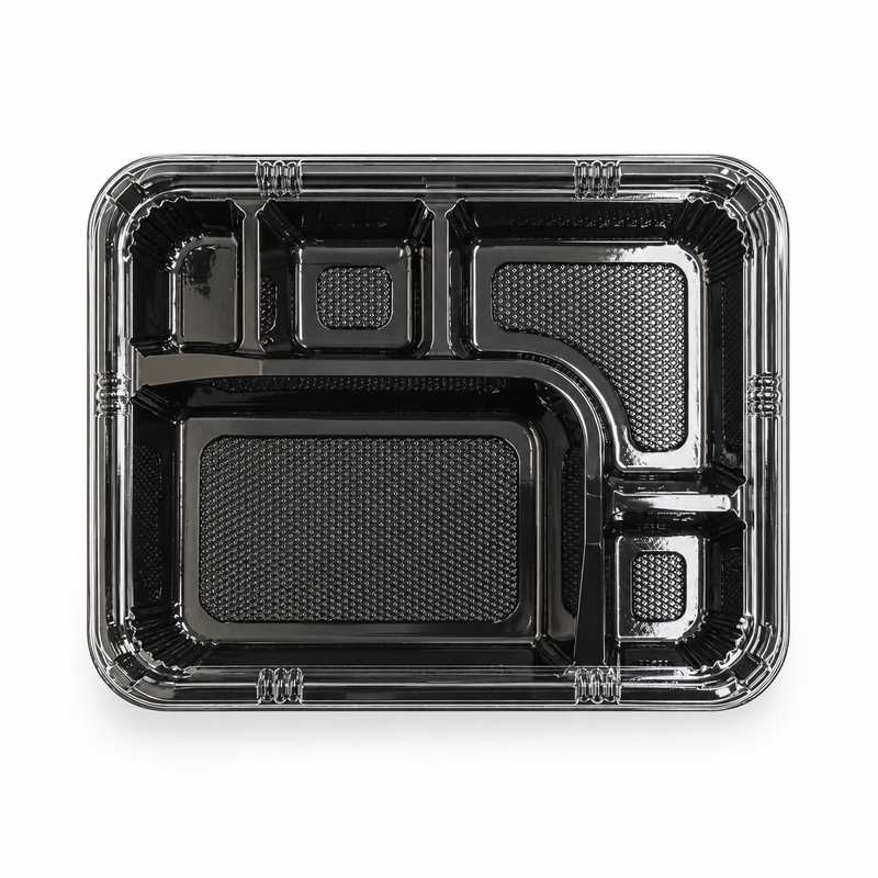[Hawaii Foodware] PS 9.3 x 7.3 in, 5-Compartment Bento Trays with Clear Lids, Black, 50 Sets