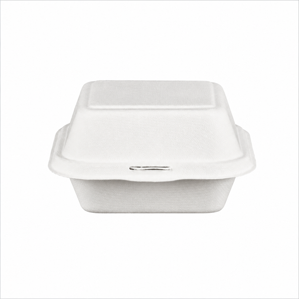 Plant Fiber 1-Compartment (4 sizes) Clamshell/Hinged Container, Sugarcane Bagasse/Bamboo Fiber, White Color, Heavy Duty, Compostable
