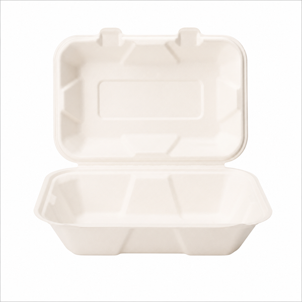 Plant Fiber 1-Compartment (4 sizes) Clamshell/Hinged Container, Sugarcane Bagasse/Bamboo Fiber, White Color, Heavy Duty, Compostable