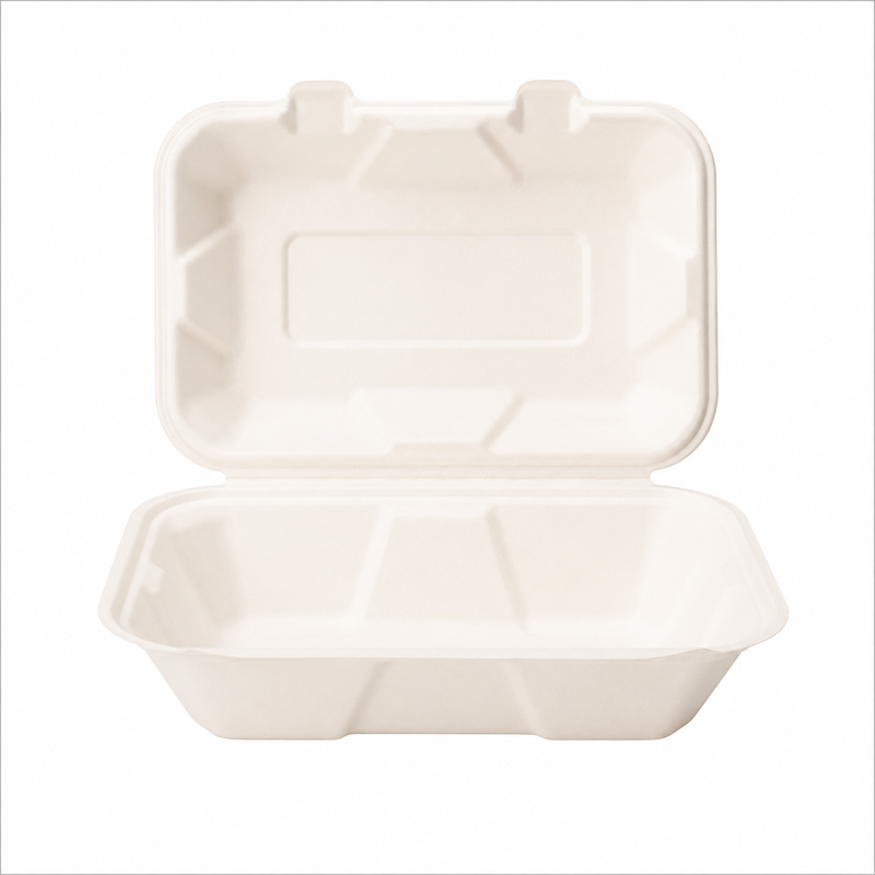 Plant Fiber 1-Compartment (4 sizes) Clamshell/Hinged Container, Sugarcane Bagasse/Bamboo Fiber, White Color, Heavy Duty, Compostable