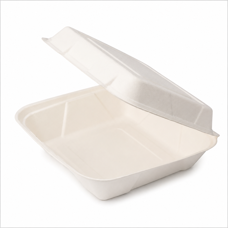 Plant Fiber 1-Compartment (4 sizes) Clamshell/Hinged Container, Sugarcane Bagasse/Bamboo Fiber, White Color, Heavy Duty, Compostable
