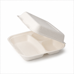 Plant Fiber 3-Compartment (2 sizes) Clamshell/Hinged Container, Sugarcane Bagasse/Bamboo Fiber, White Color, Heavy Duty, Compostable