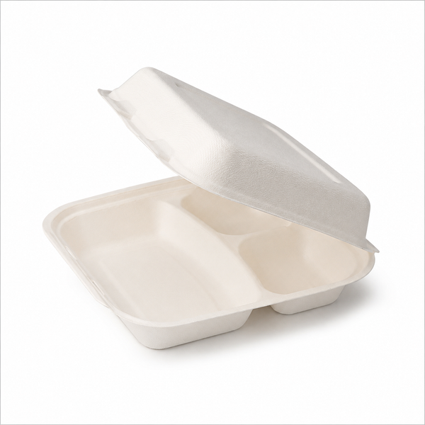 Plant Fiber 3-Compartment (2 sizes) Clamshell/Hinged Container, Sugarcane Bagasse/Bamboo Fiber, White Color, Heavy Duty, Compostable